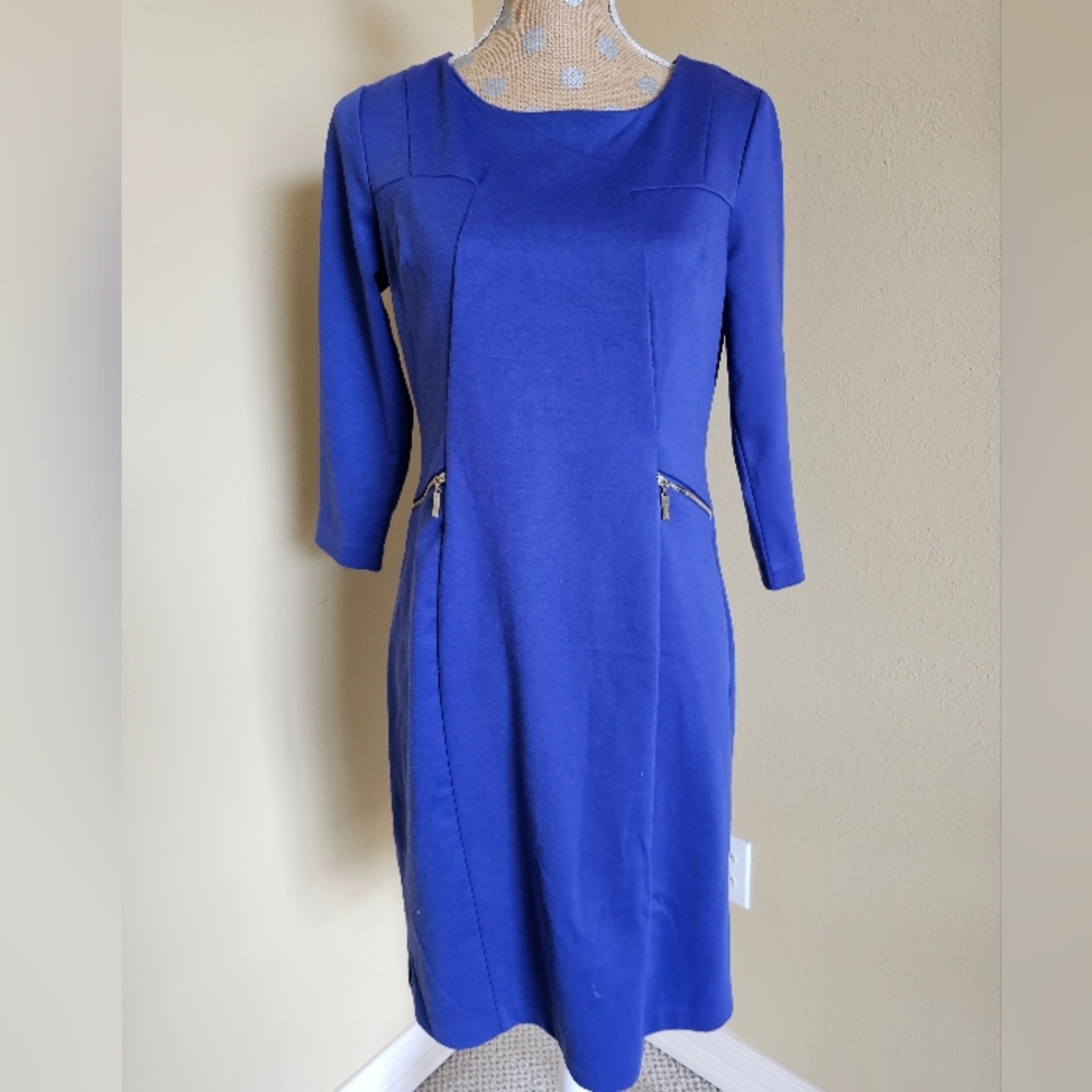 LIZ CLAIBORNE ponte knit sheath dress 6 cobalt blue purple long sleeve